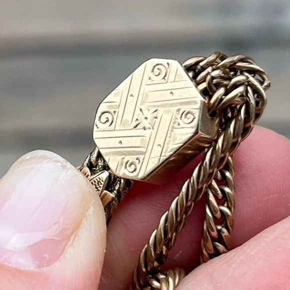 28.46 Gram Gold Filled Albert Chain with Dog Clip, T-Bar and Slide Charm- Flaw - Picture 4 of 17